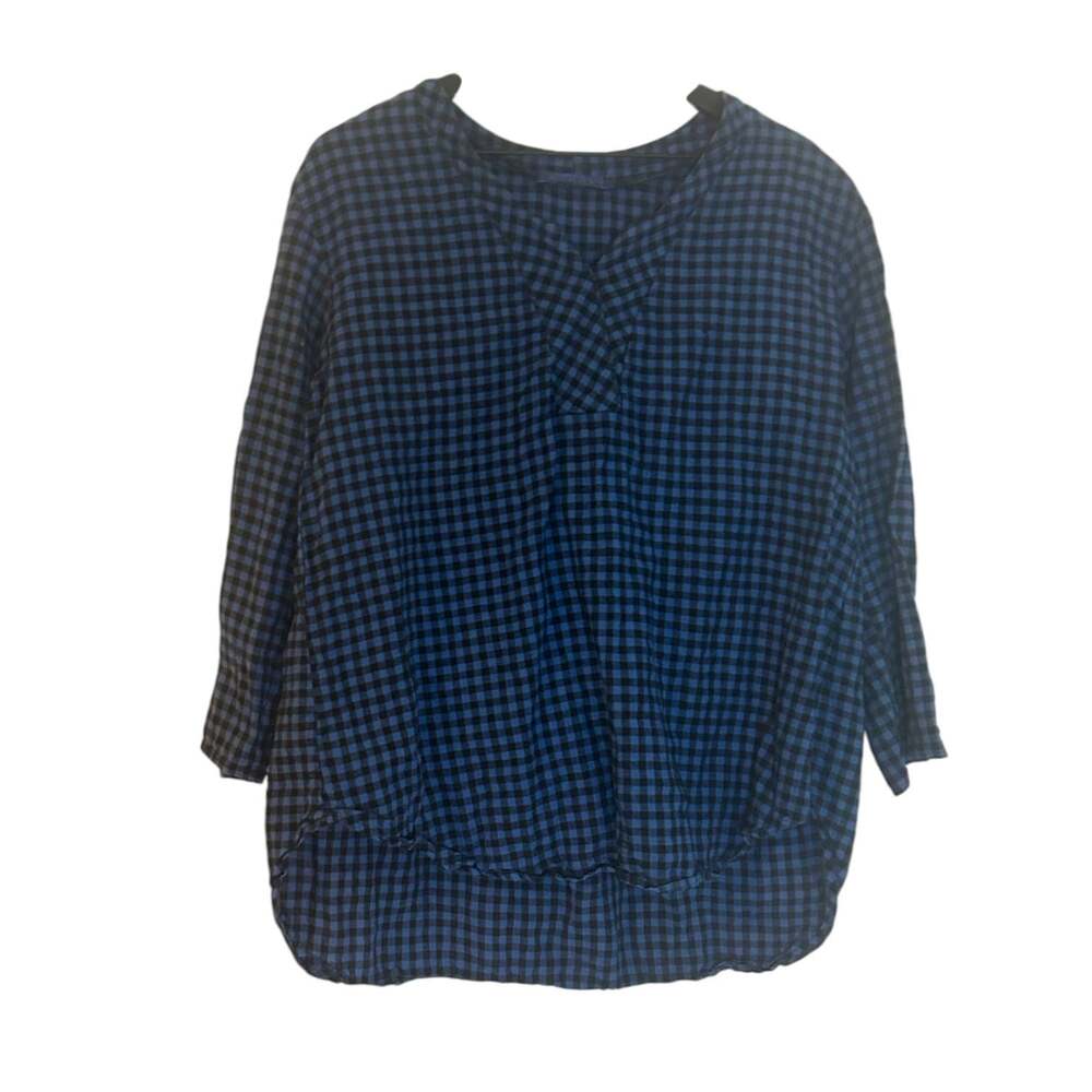 Cut Loose Tunic Top Linen Checkered Lagenlook Blue Black Large